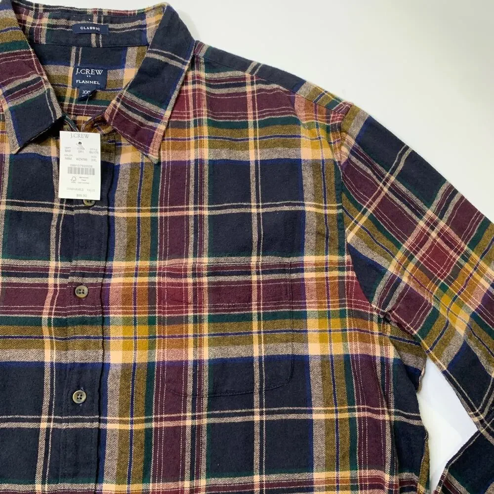 J Crew Shirt Mens 2XL Classic Plaid Flannel Cotton Button Up Long Sleeve New